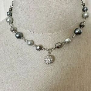 Grey faux pearl rhinestone ball  pendant necklace